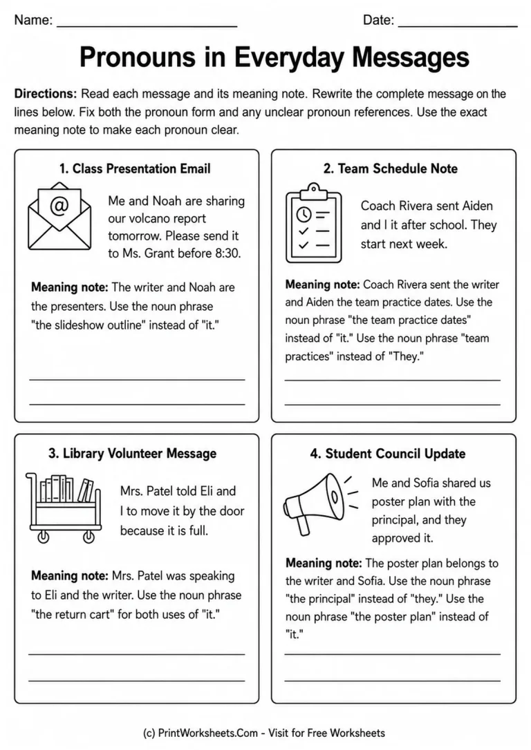 Pronouns in Everyday Messages printable worksheet