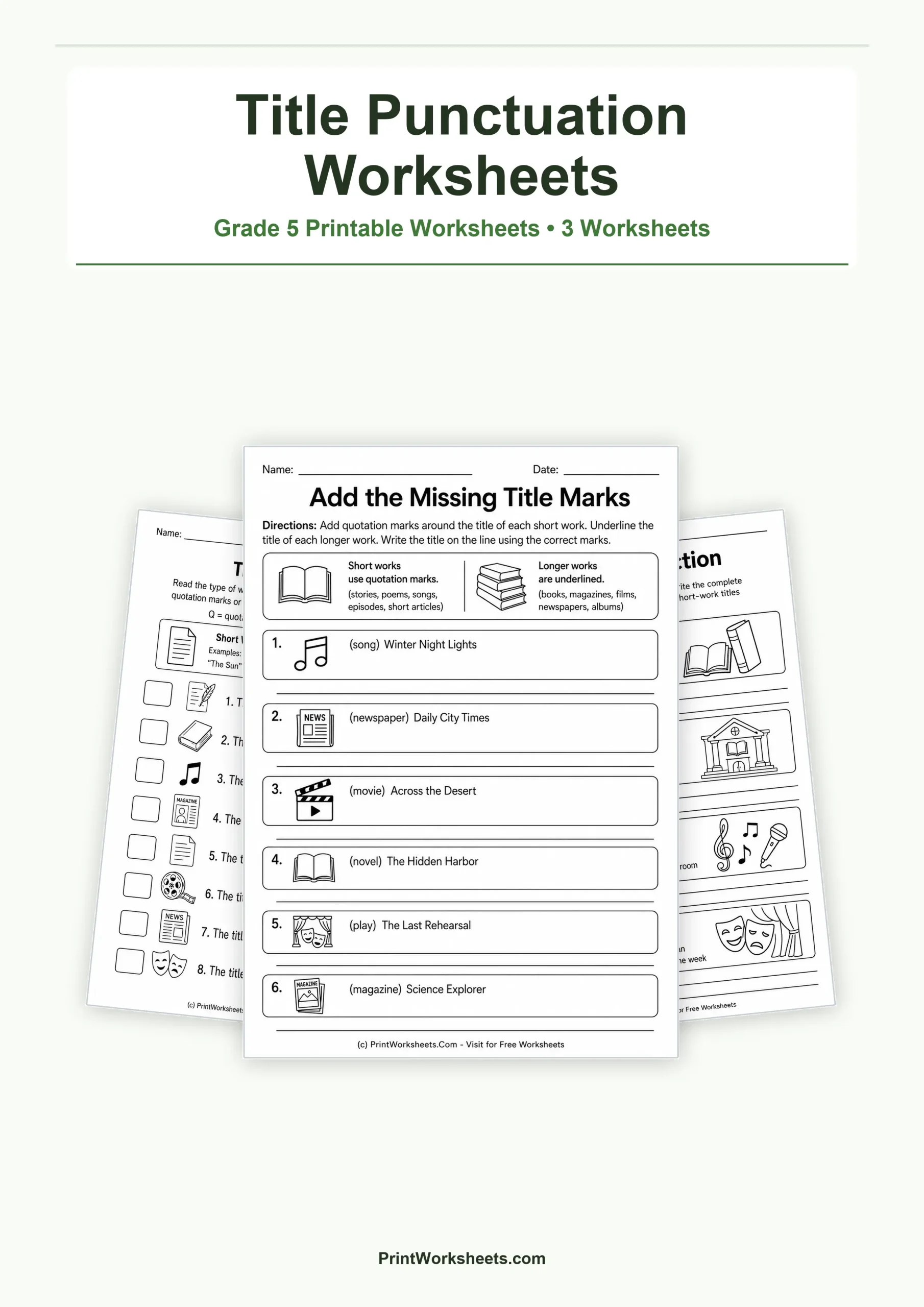 Punctuation for Titles Worksheets for Grade 5 – Free Printable PDF - Free Printable Worksheet