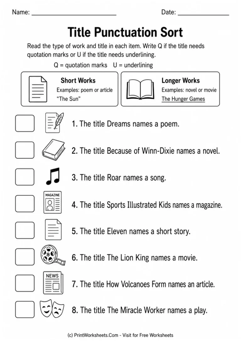 Title Punctuation Sort printable worksheet