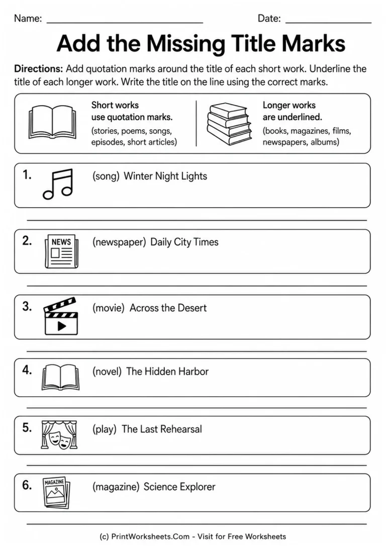 Add the Missing Title Marks printable worksheet