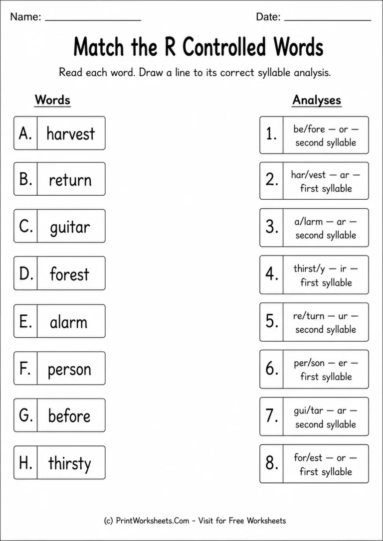 Match the R Controlled Words Match the R Controlled Words printable worksheet