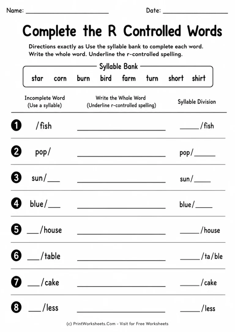 Complete the R Controlled Words Complete the R Controlled Words printable worksheet