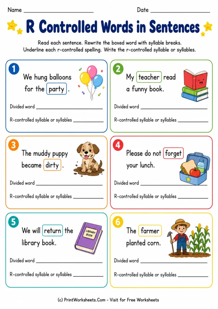 R Controlled Words in Sentences R Controlled Words in Sentences printable worksheet