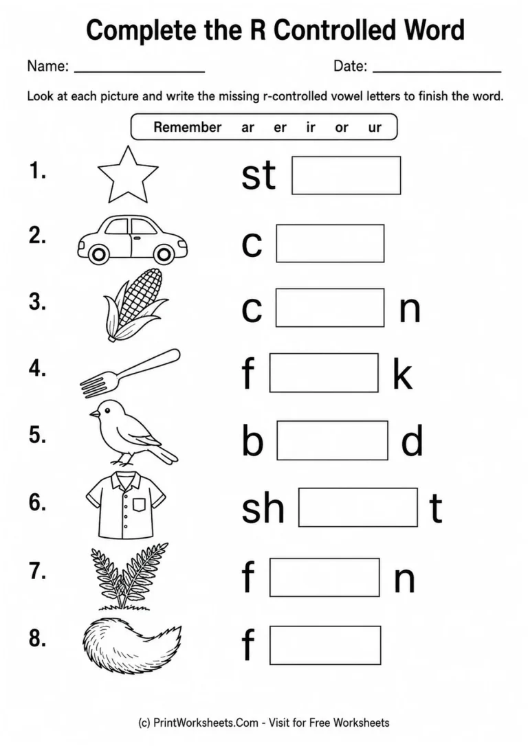 Complete the R Controlled Word Complete the R Controlled Word printable worksheet
