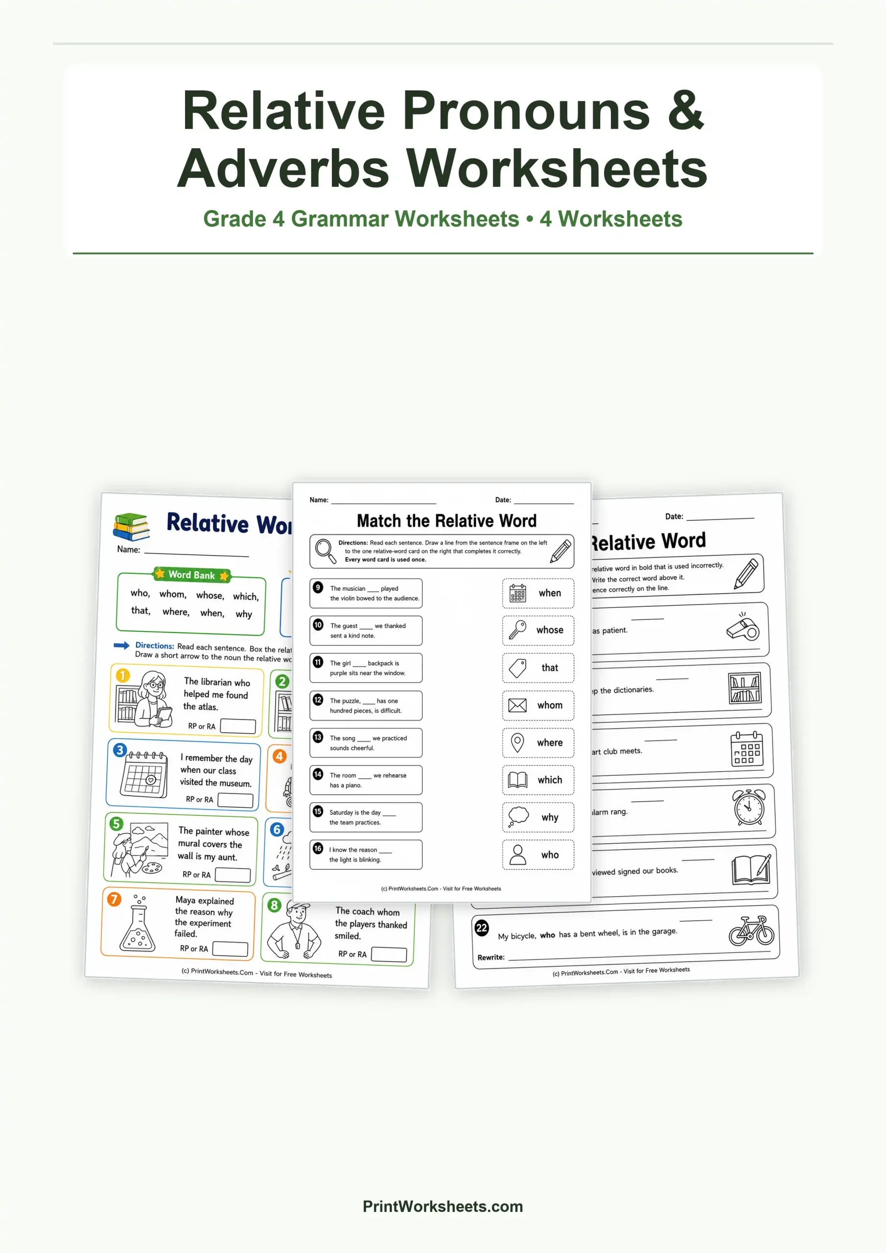 Relative Pronouns and Adverbs Worksheets for Grade 4 – Free Printable PDF - Free Printable Worksheet