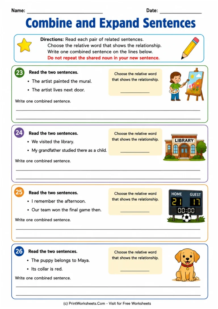 Combine and Expand Sentences Combine and Expand Sentences printable worksheet