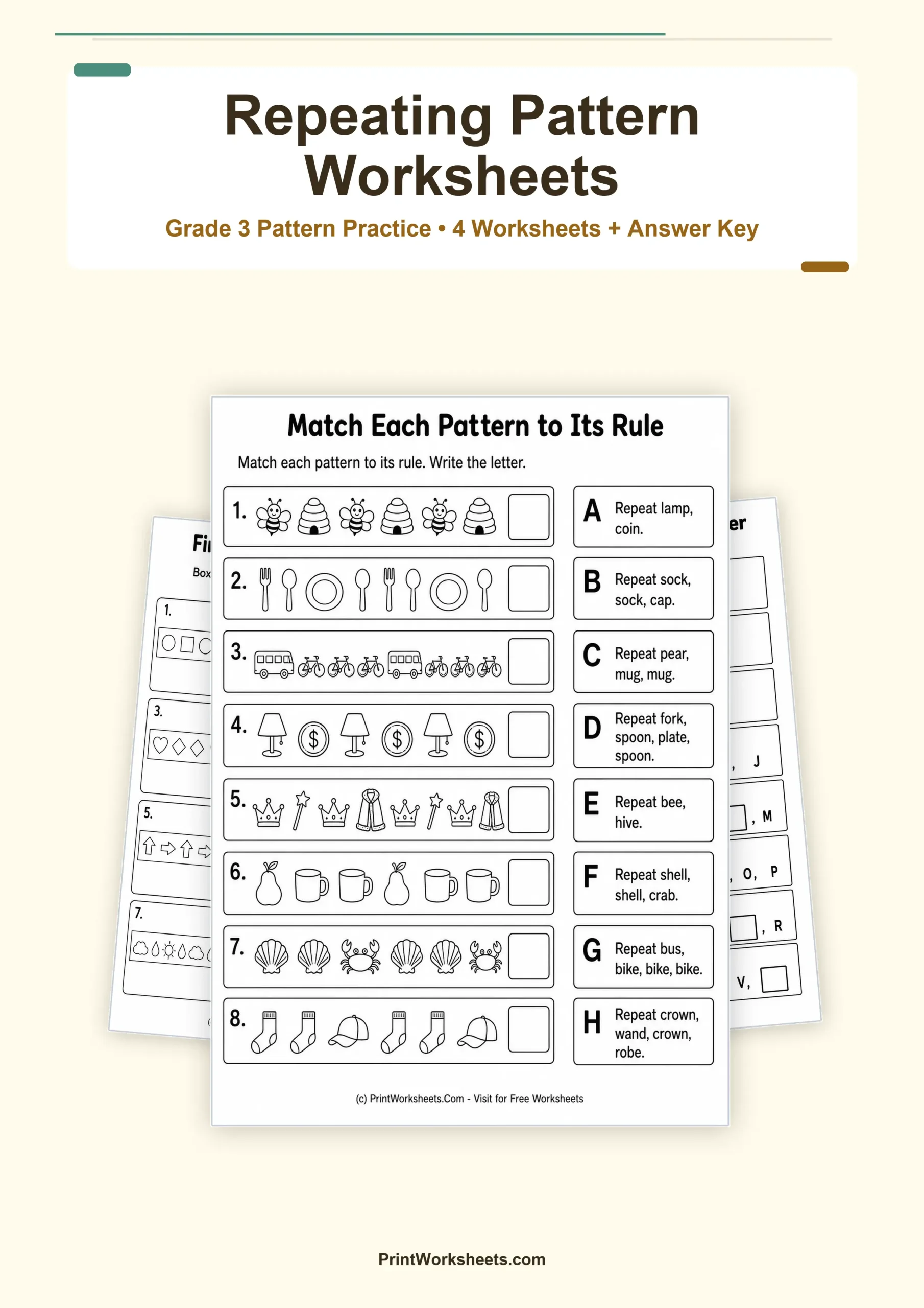 Repeating Patterns with Rules Worksheets for Grade 3 – Free Printable PDF - Free Printable Worksheet