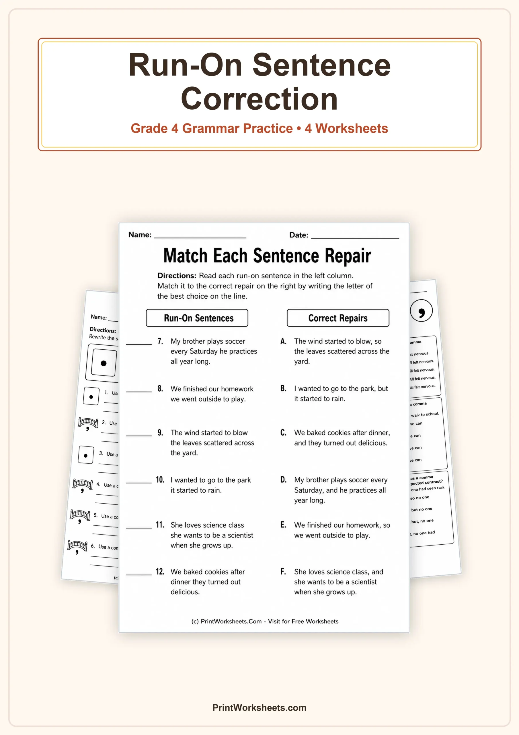 Grammar Worksheets Worksheet - Run-On Sentence Correction Worksheets for Grade 4 – Free Printable PDF | Free Printable