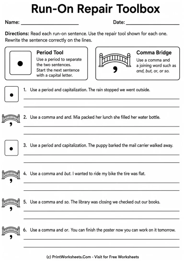 Run-On Repair Toolbox Run-On Repair Toolbox printable worksheet