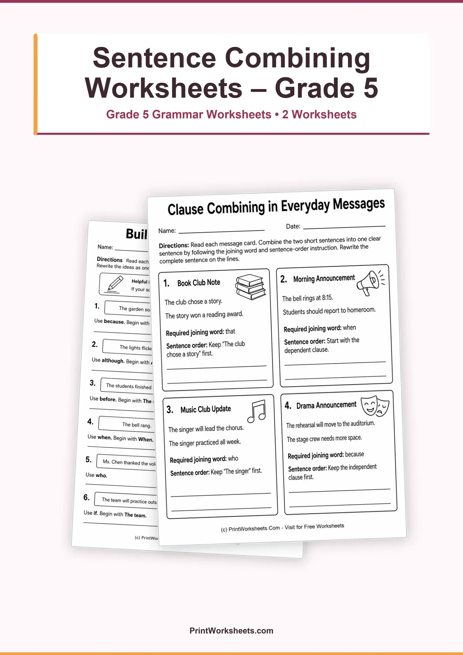 Sentence Combining with Clauses Worksheets for Grade 5 – Free Printable PDF - Free Printable Worksheet