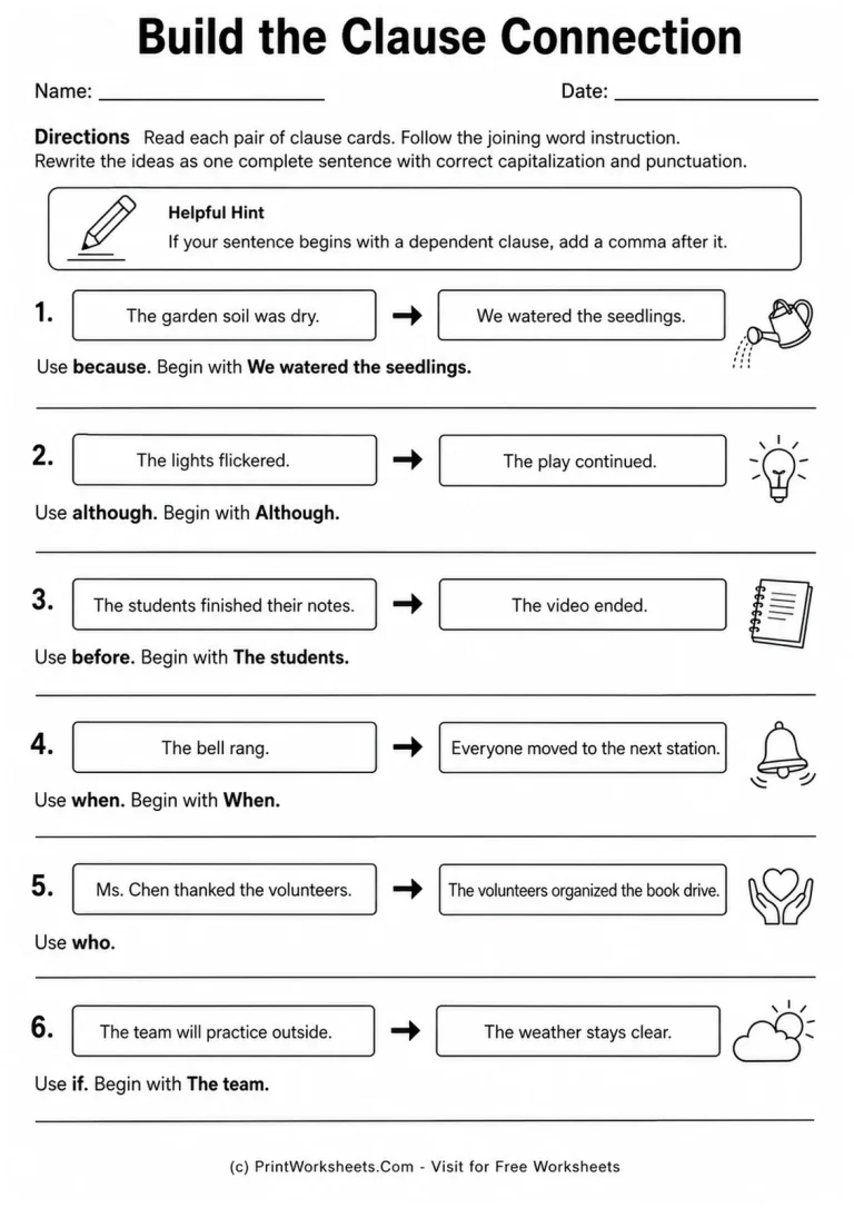 Build the Clause Connection Build the Clause Connection printable worksheet