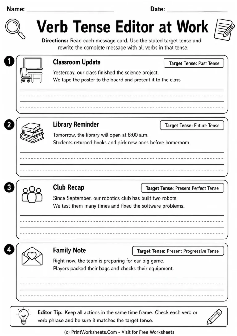 Verb Tense Editor at Work printable worksheet