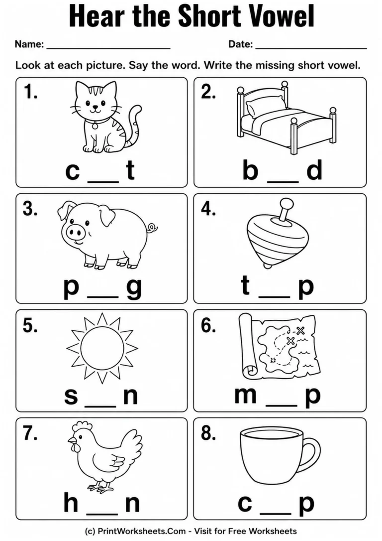 Hear the Short Vowel Hear the Short Vowel printable worksheet