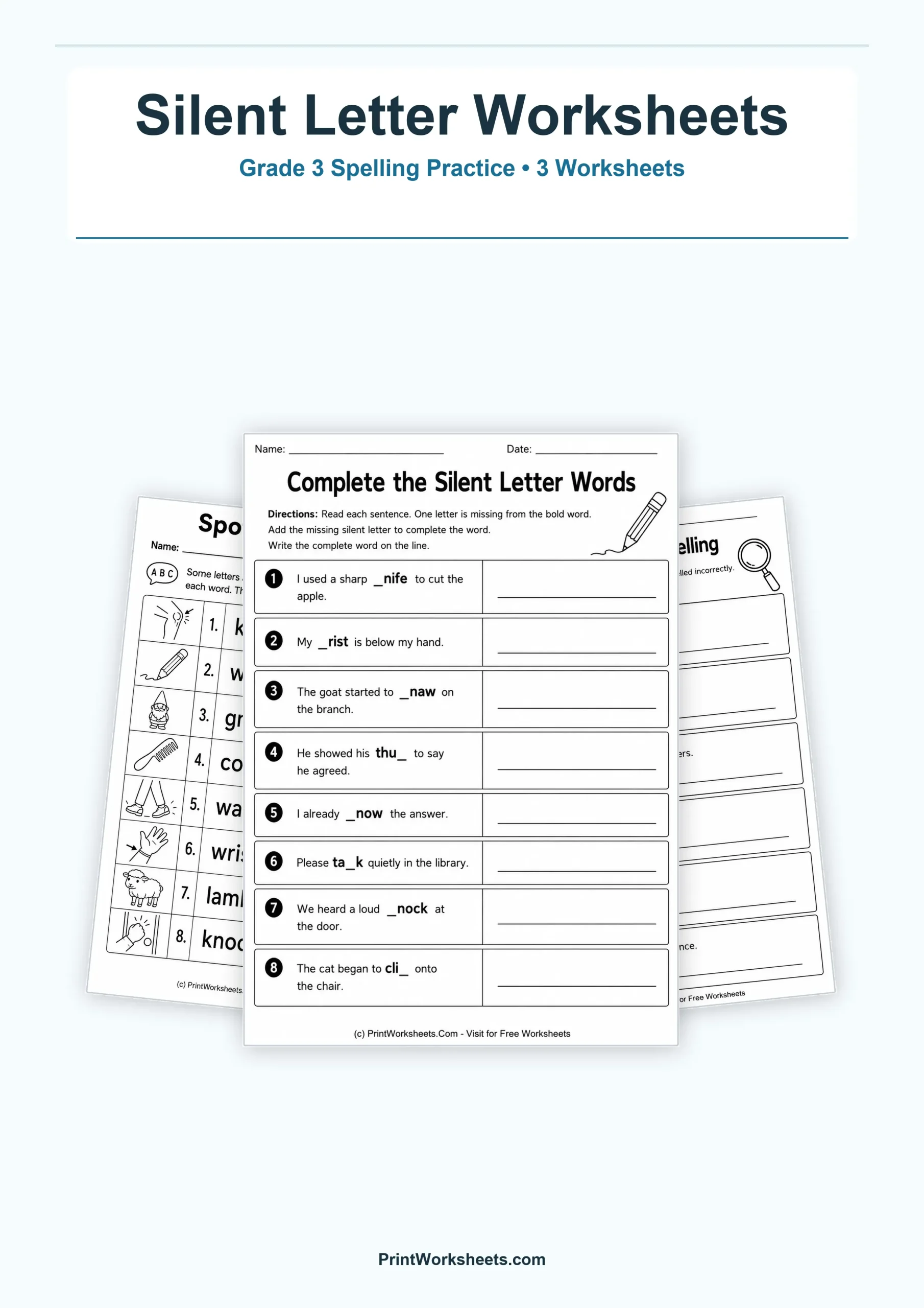 Silent Letter Spelling Words Worksheets for Grade 3 – Free Printable PDF - Free Printable Worksheet