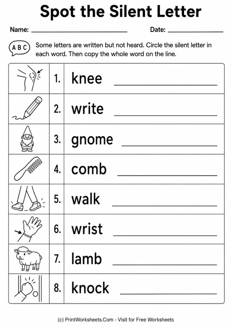 Spot the Silent Letter Spot the Silent Letter printable worksheet