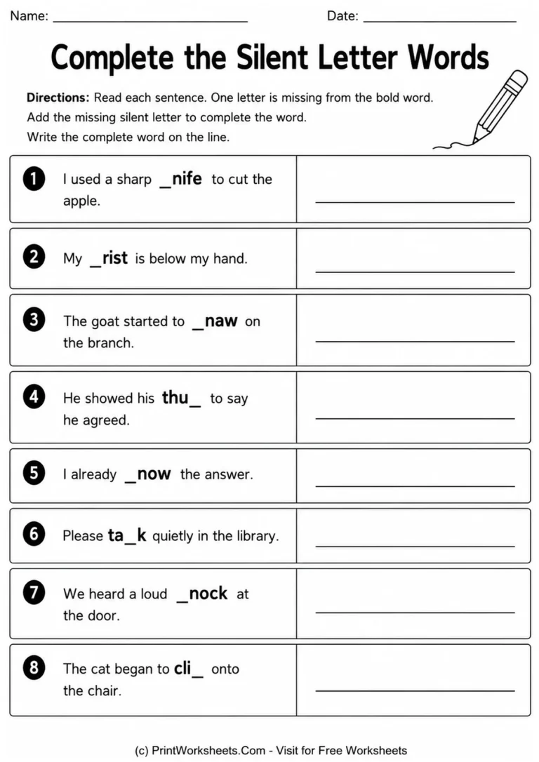 Complete the Silent Letter Words Complete the Silent Letter Words printable worksheet