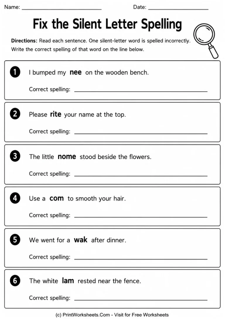 Fix the Silent Letter Spelling Fix the Silent Letter Spelling printable worksheet
