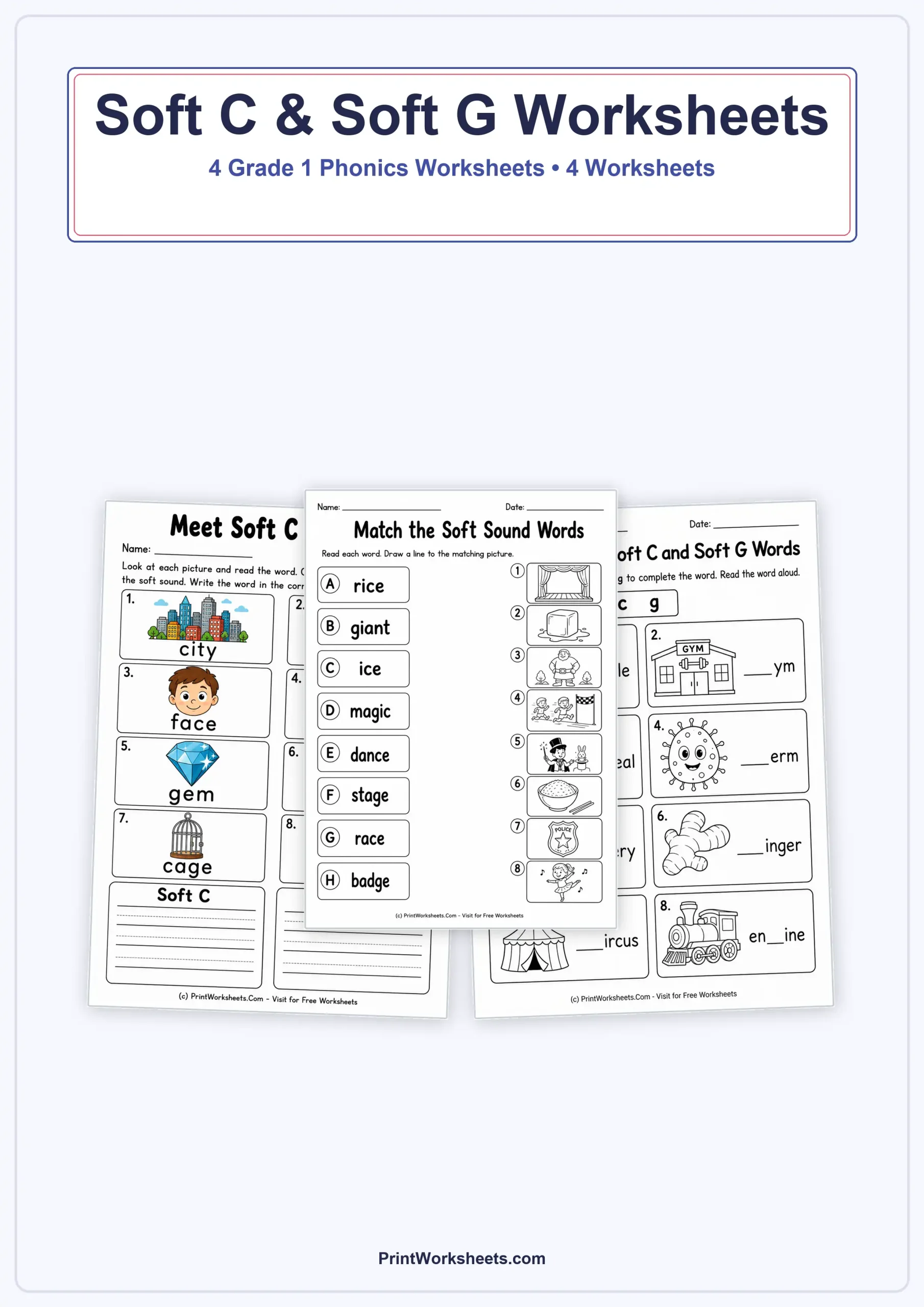 Soft C and Soft G Words Worksheets for Grade 1 – Free Printable PDF - Free Printable Worksheet