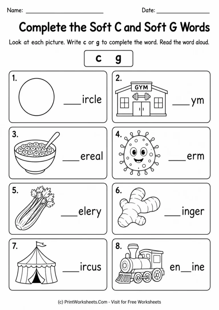 Complete the Soft C and Soft G Words Complete the Soft C and Soft G Words printable worksheet