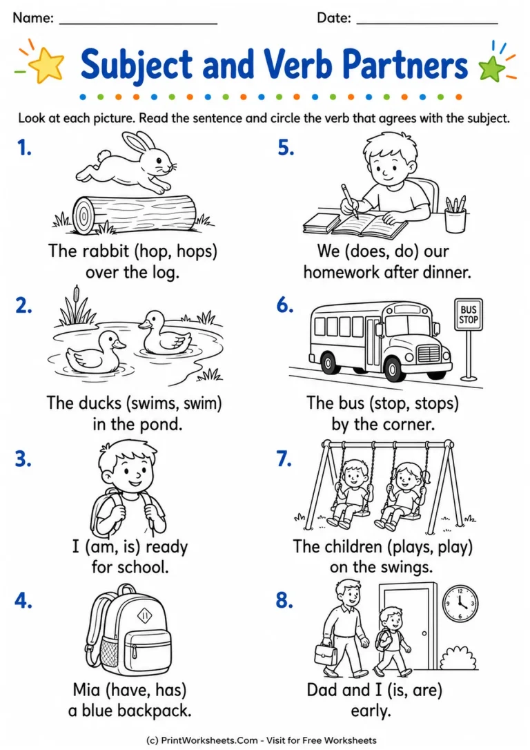 Subject and Verb Partners Subject and Verb Partners printable worksheet