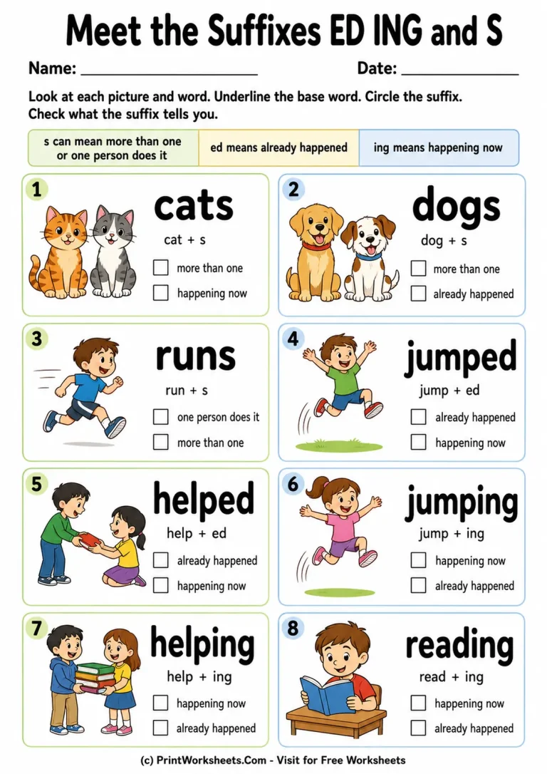 Meet the Suffixes ED ING and S printable worksheet