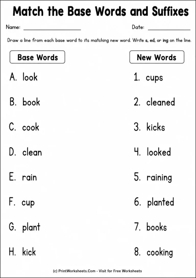 Match the Base Words and Suffixes printable worksheet