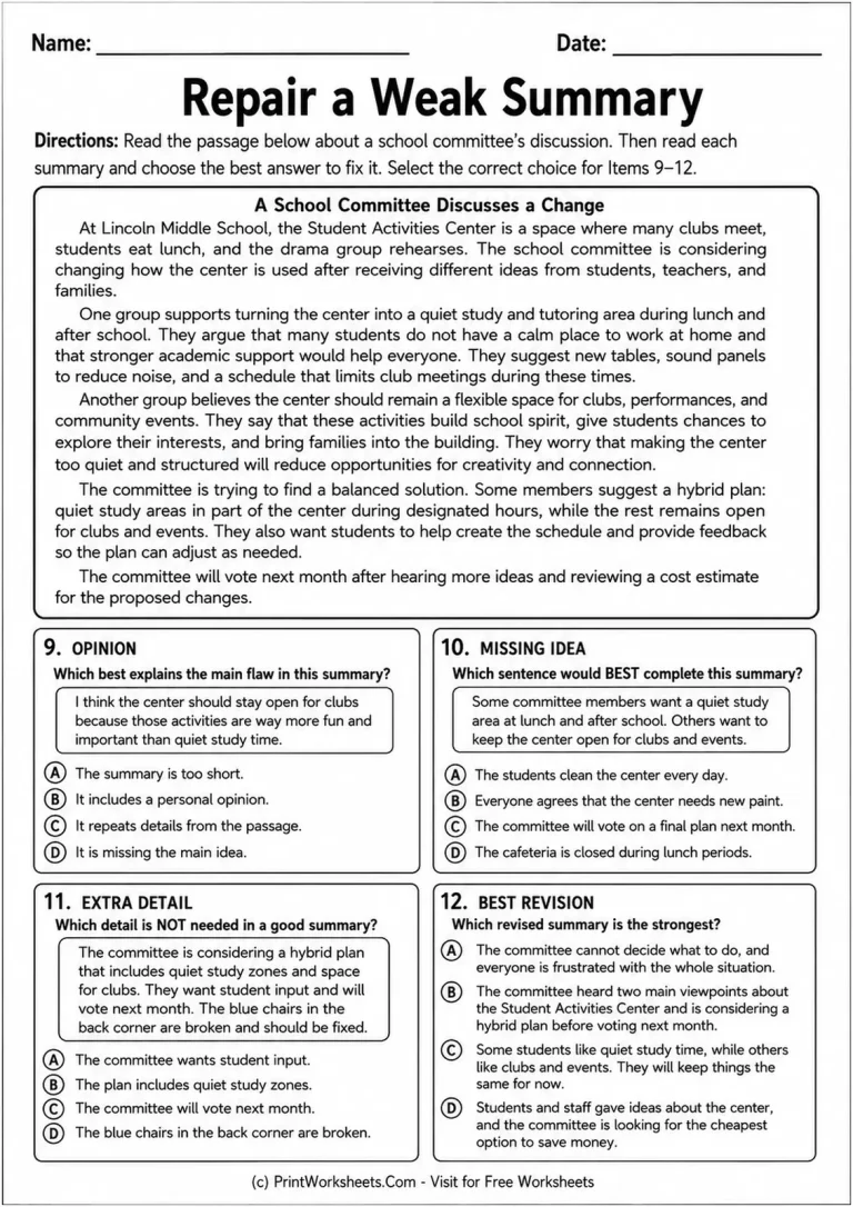 Repair a Weak Summary printable worksheet