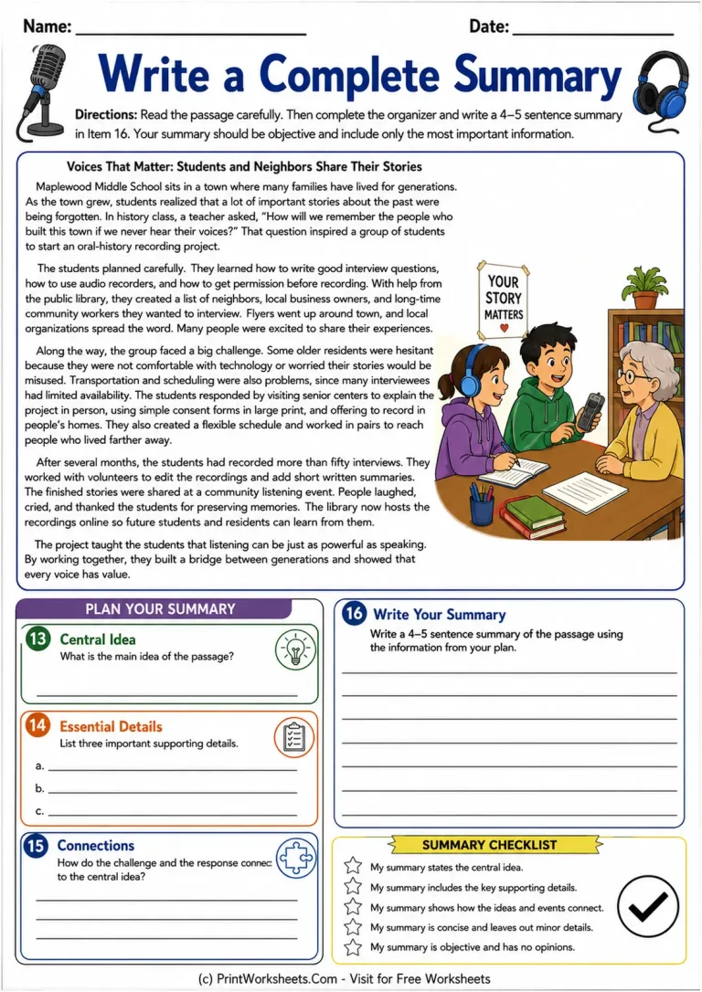 Write a Complete Summary printable worksheet