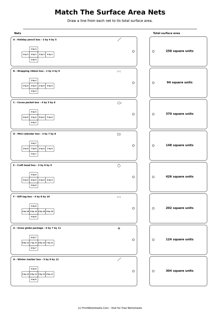 Match The Surface Area Nets Match The Surface Area Nets printable worksheet