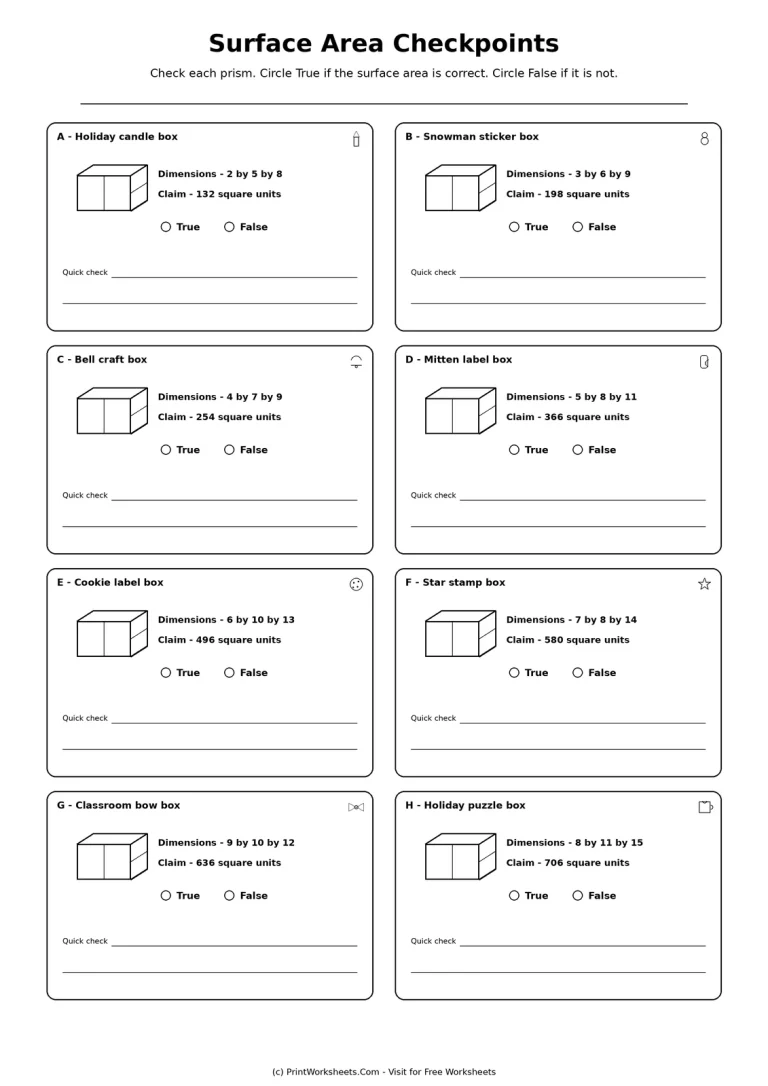 Surface Area Checkpoints Surface Area Checkpoints printable worksheet