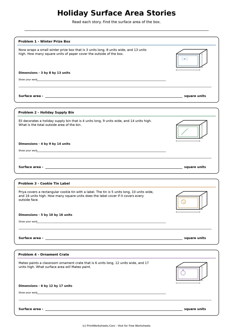 Holiday Surface Area Stories Holiday Surface Area Stories printable worksheet