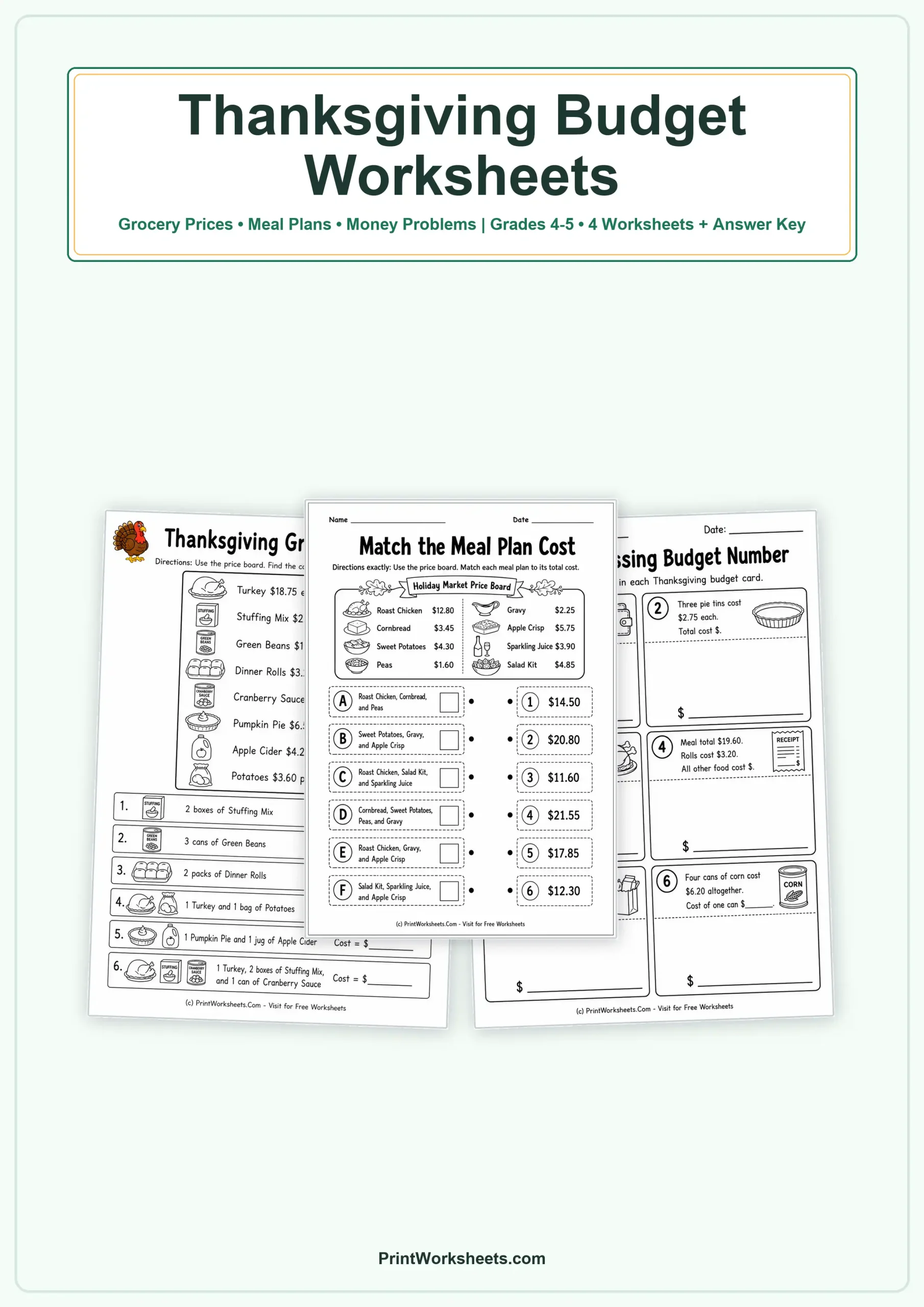 Thanksgiving Worksheets Worksheet - Thanksgiving Budget Meal Math Worksheets for Grades 4-5 | Free Printable
