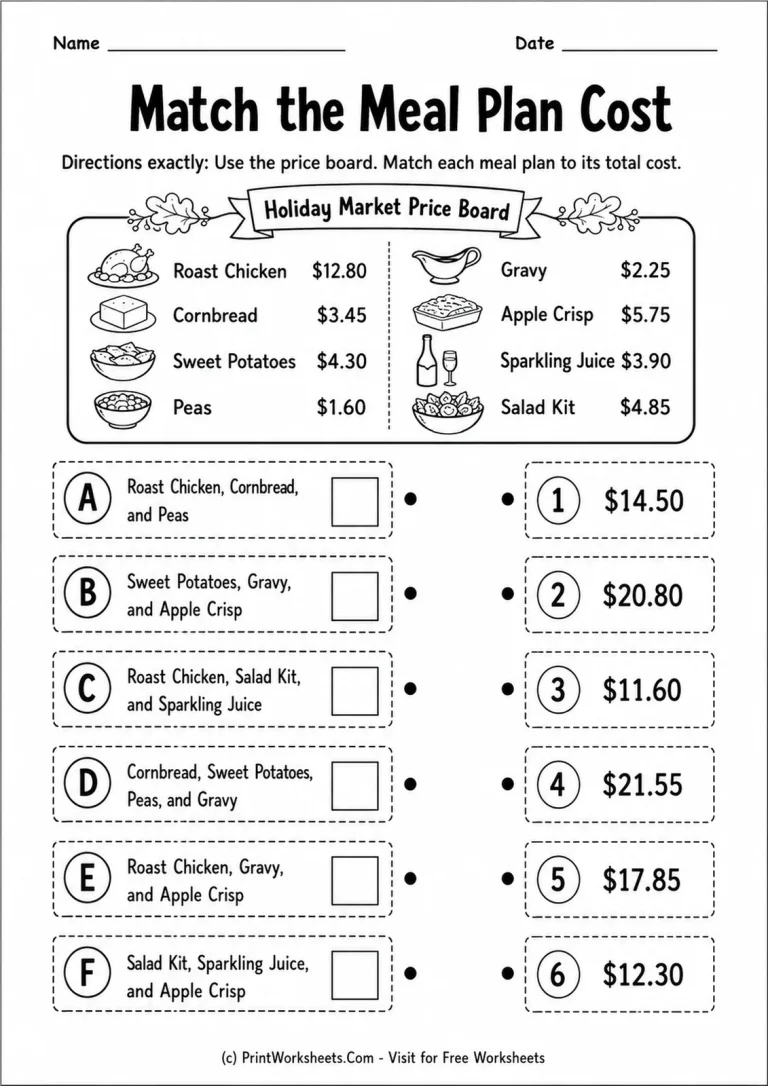 Match the Meal Plan Cost Match the Meal Plan Cost printable worksheet