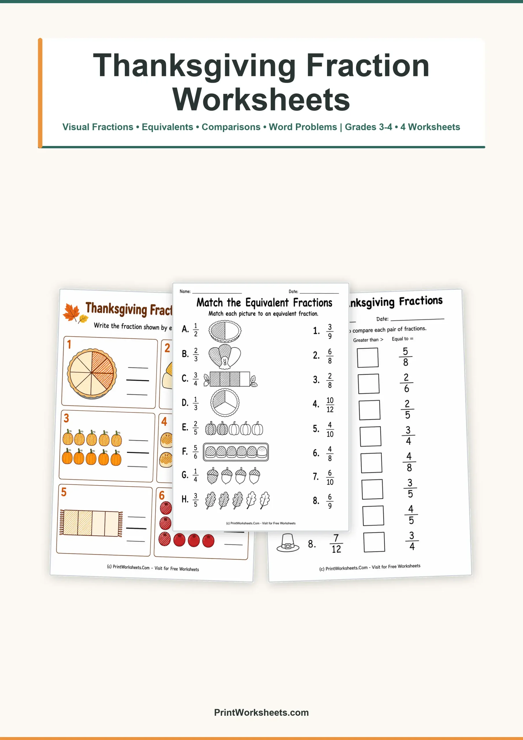 Thanksgiving Worksheets Worksheet - Free Thanksgiving Fraction Worksheets for Grades 3-4 | Free Printable