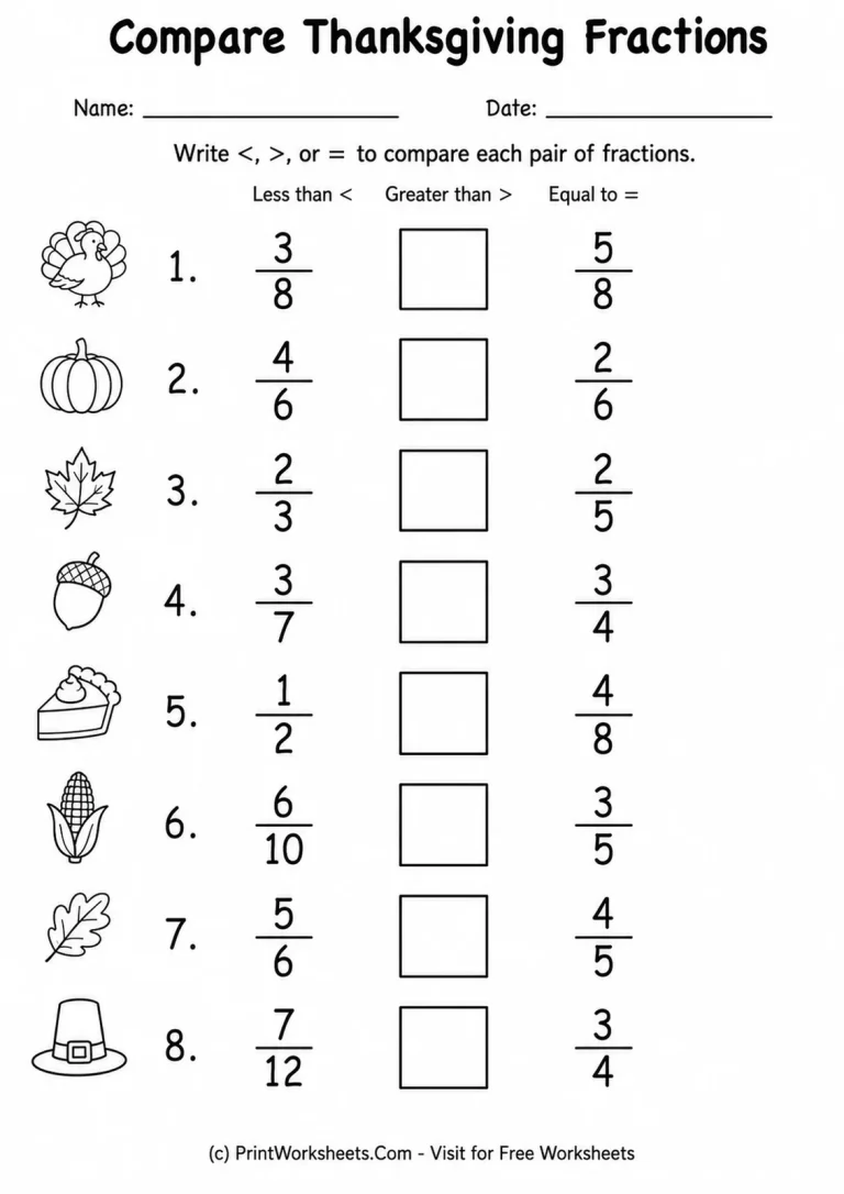 Compare Thanksgiving Fractions Compare Thanksgiving Fractions printable worksheet