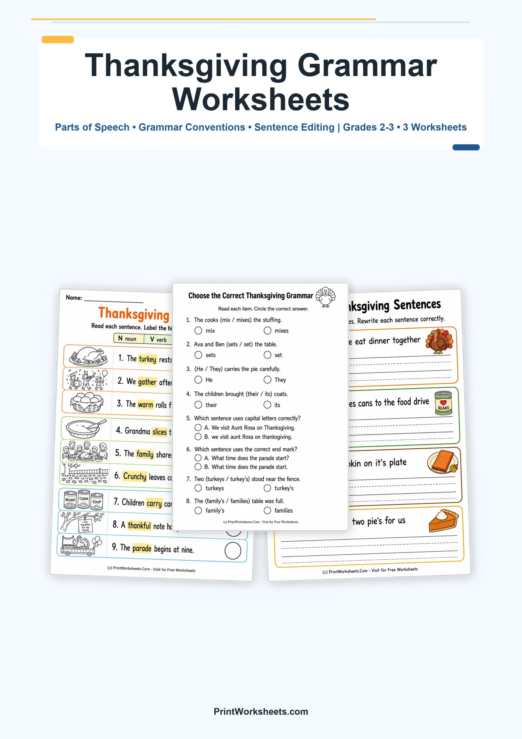 Thanksgiving Worksheets Worksheet - Thanksgiving Grammar Worksheets for Grades 2-3 | Free Printable