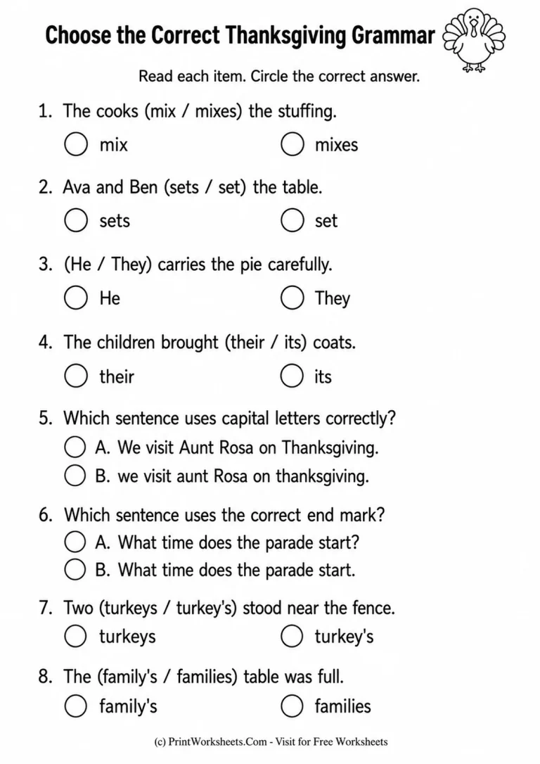 Choose the Correct Thanksgiving Grammar Choose the Correct Thanksgiving Grammar printable worksheet