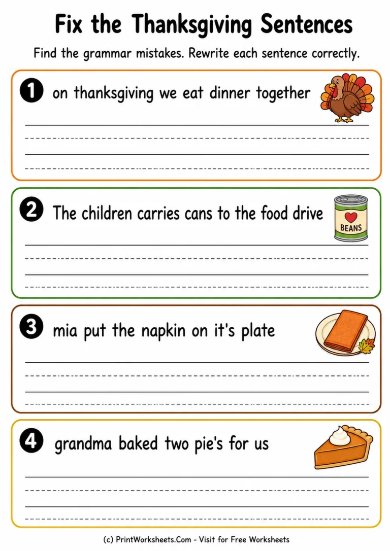 Fix the Thanksgiving Sentences Fix the Thanksgiving Sentences printable worksheet