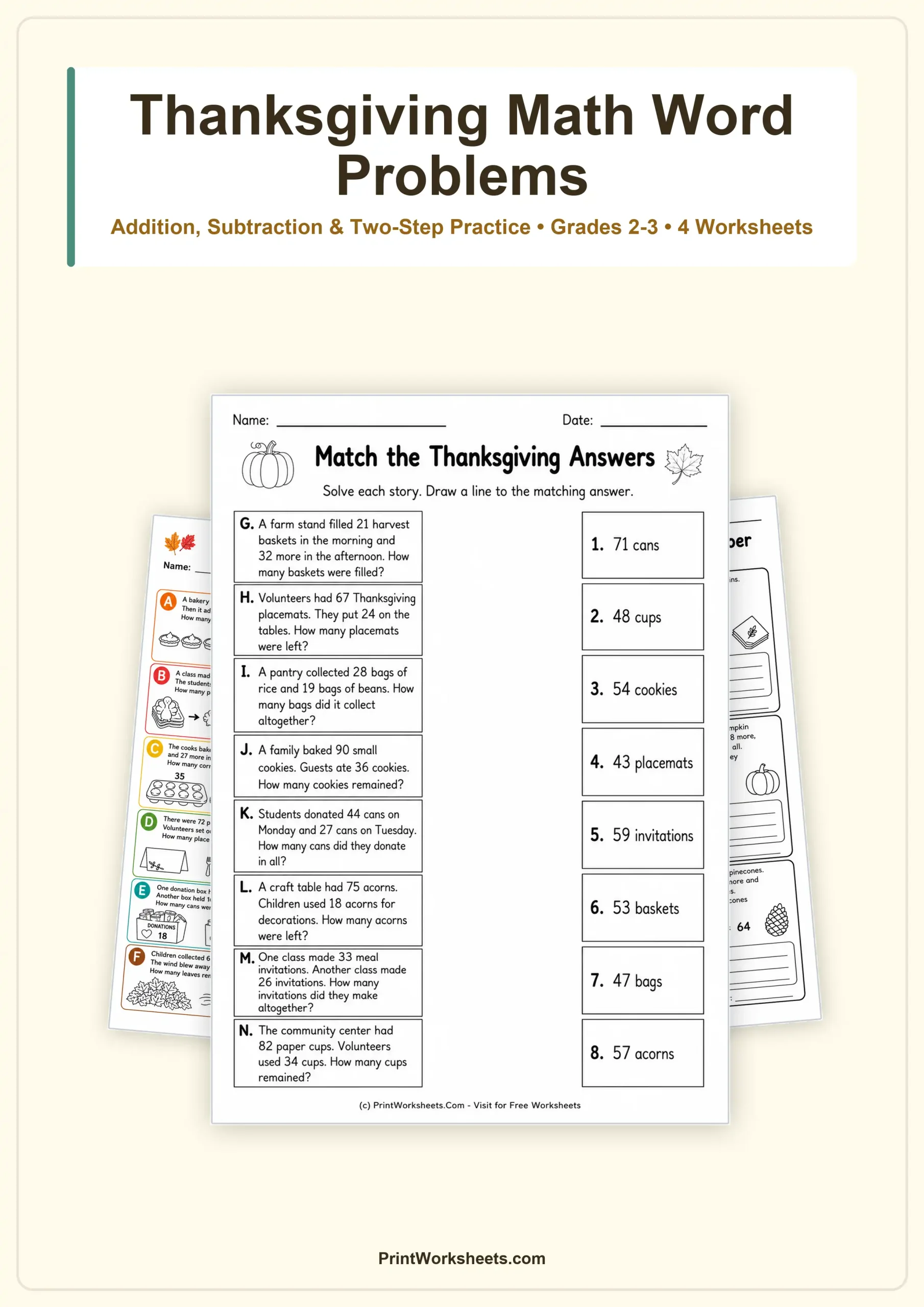 Thanksgiving Worksheets Worksheet - Thanksgiving Math Word Problems Worksheets for Grades 2-3 | Free Printable