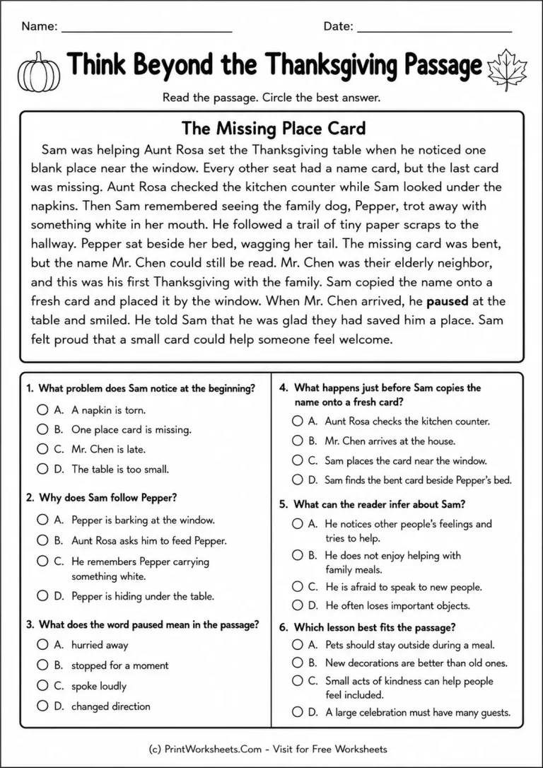 Think Beyond the Thanksgiving Passage Think Beyond the Thanksgiving Passage printable worksheet