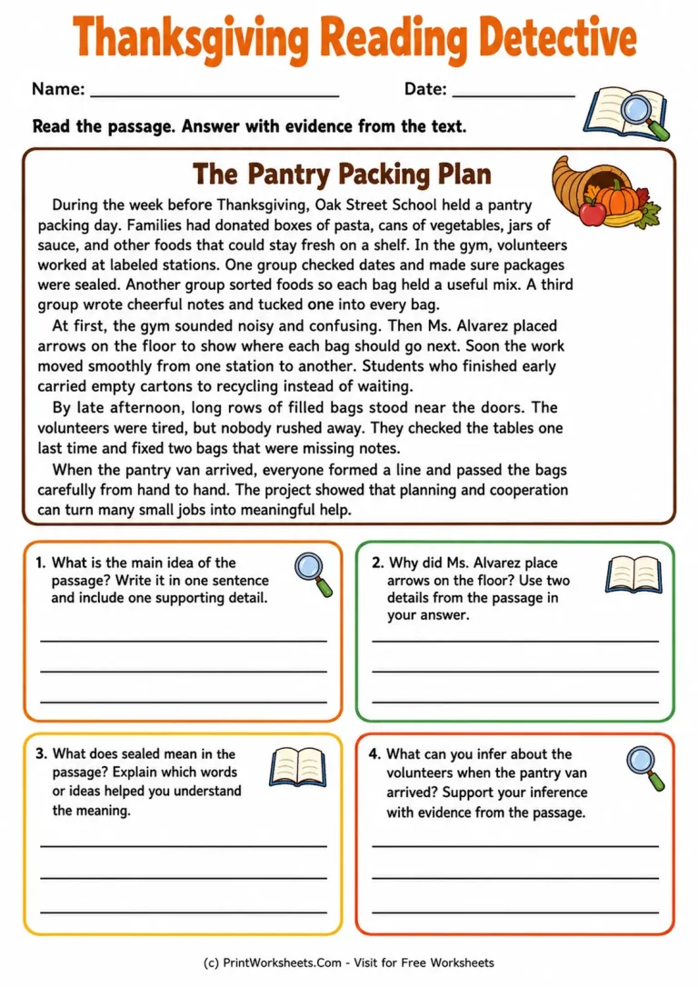 Thanksgiving Reading Detective Thanksgiving Reading Detective printable worksheet