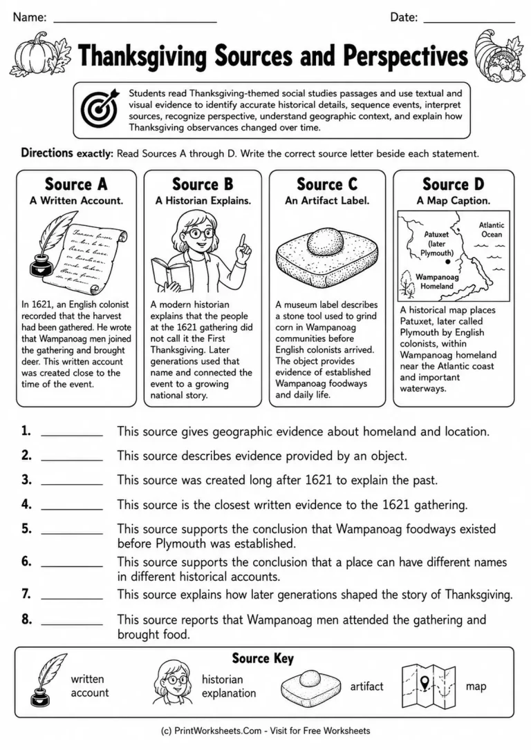 Thanksgiving Sources and Perspectives printable worksheet