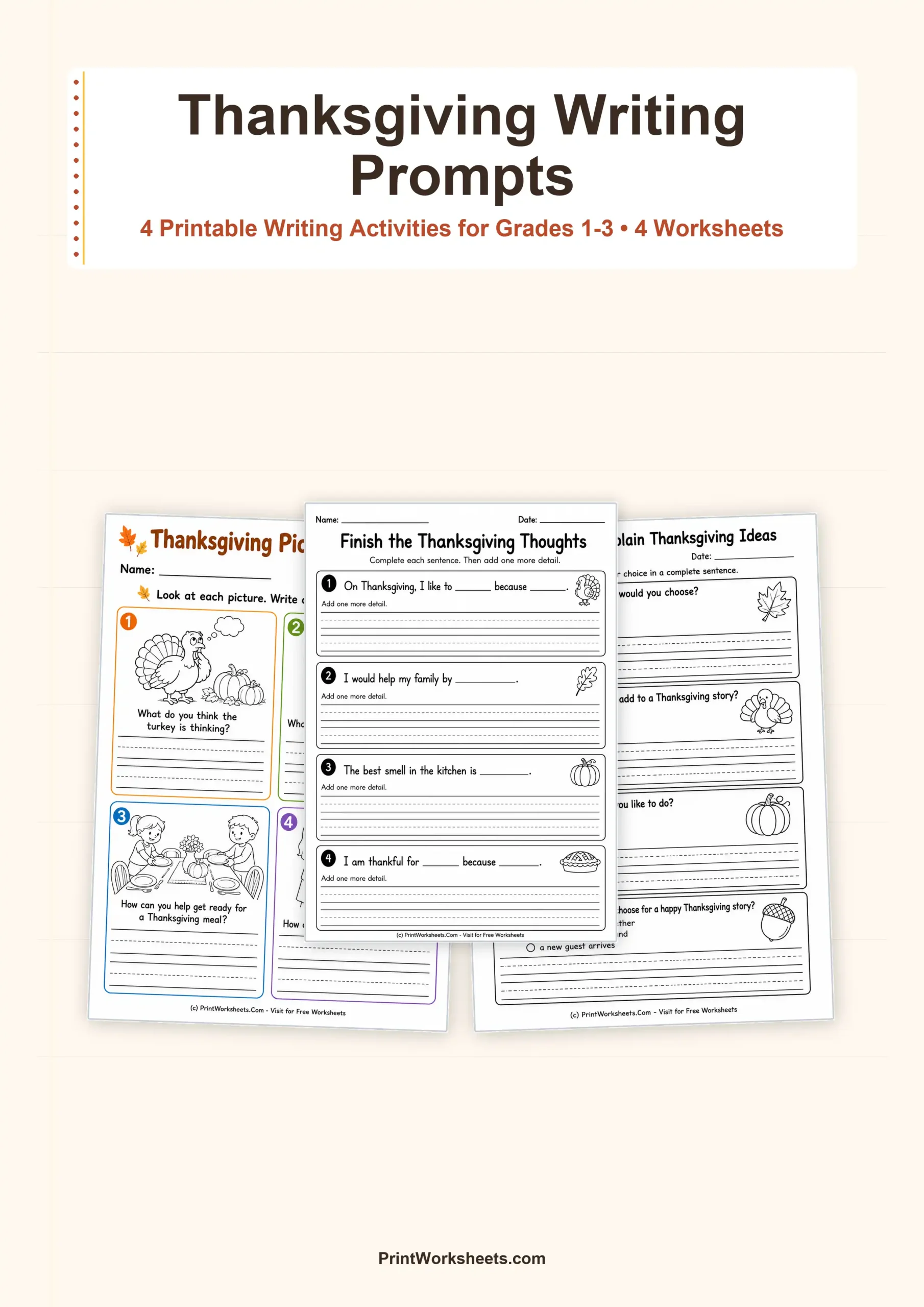 Thanksgiving Worksheets Worksheet - Thanksgiving Writing Prompts for Grades 1-3 | Free Printable