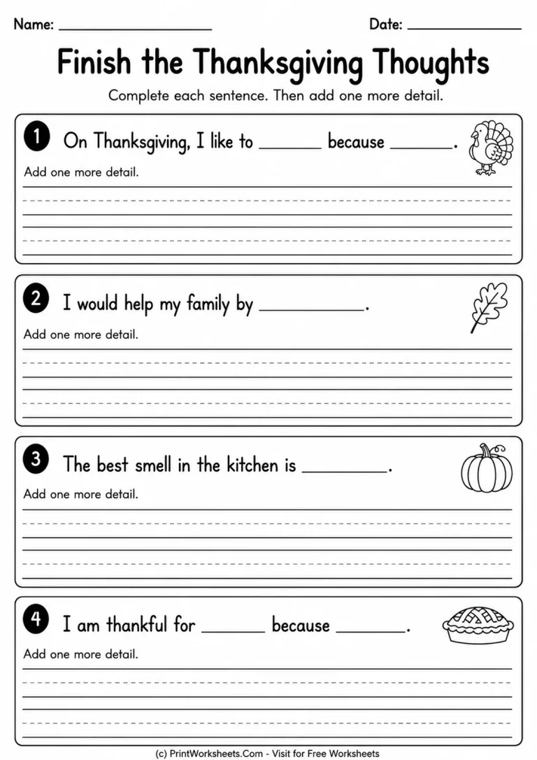 Finish the Thanksgiving Thoughts Finish the Thanksgiving Thoughts printable worksheet