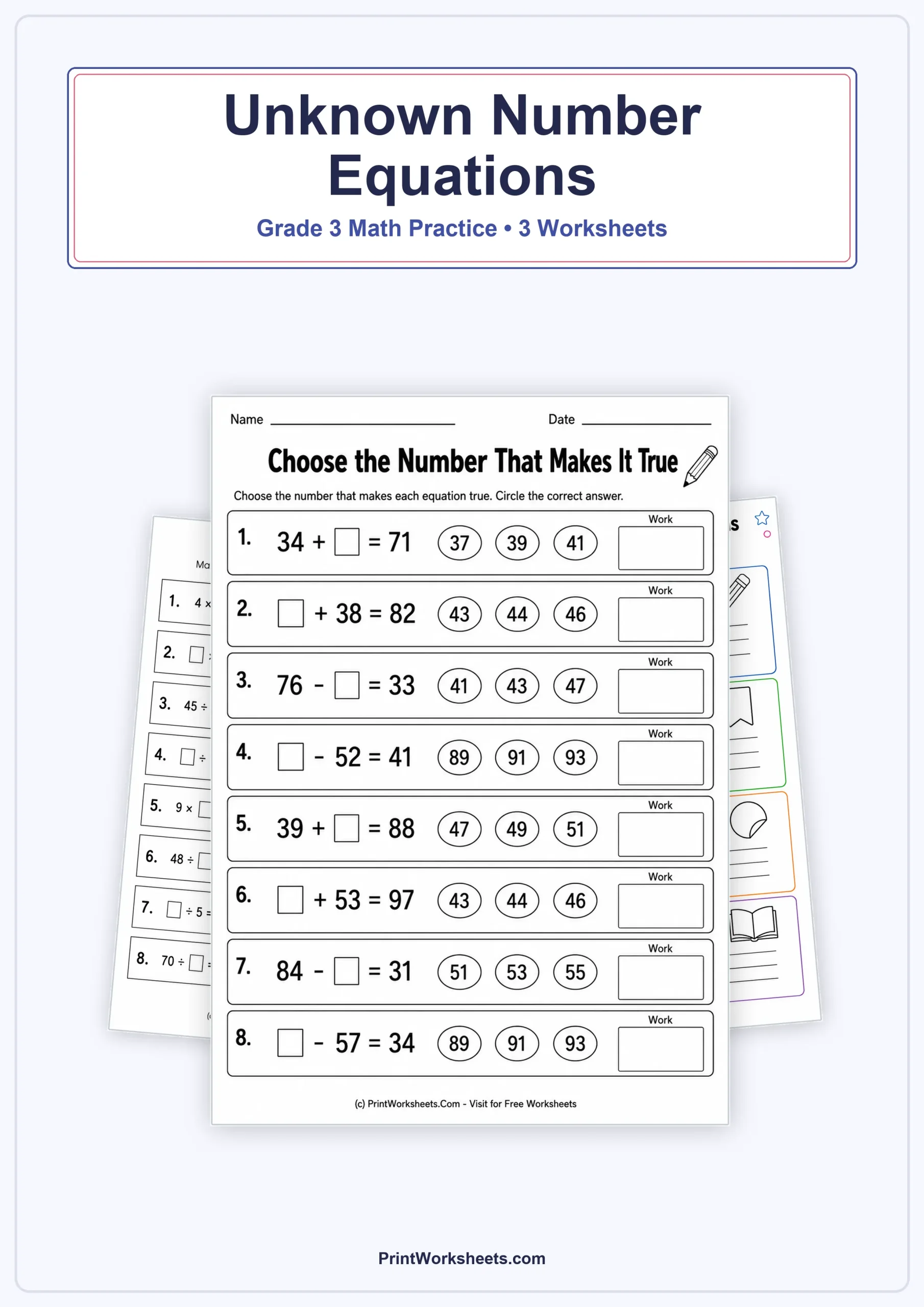 Algebraic Thinking Worksheets Worksheet - Unknown Number Equations Worksheets for Grade 3 – Free Printable PDF | Free Printable