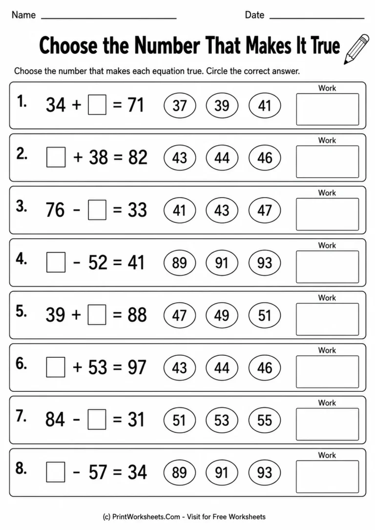 Choose the Number That Makes It True Choose the Number That Makes It True printable worksheet