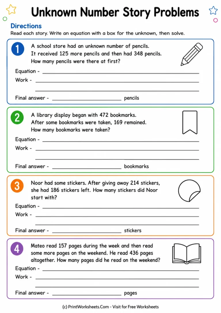 Unknown Number Story Problems Unknown Number Story Problems printable worksheet