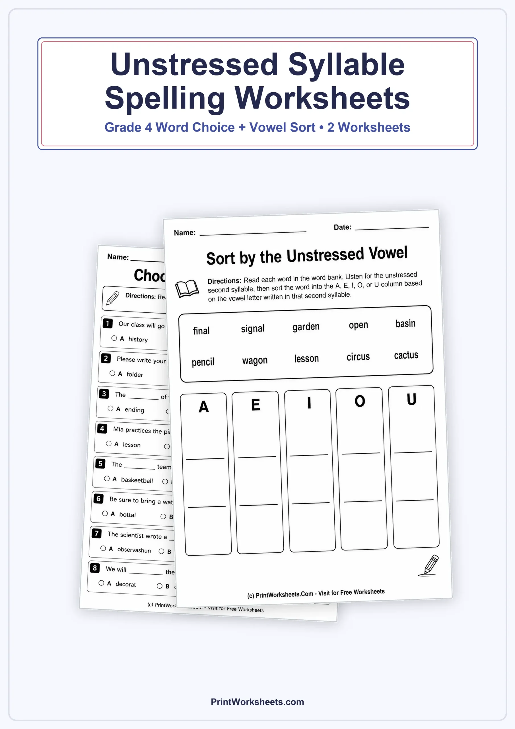 Unstressed Syllable Spelling Worksheets for Grade 4 – Free Printable PDF - Free Printable Worksheet