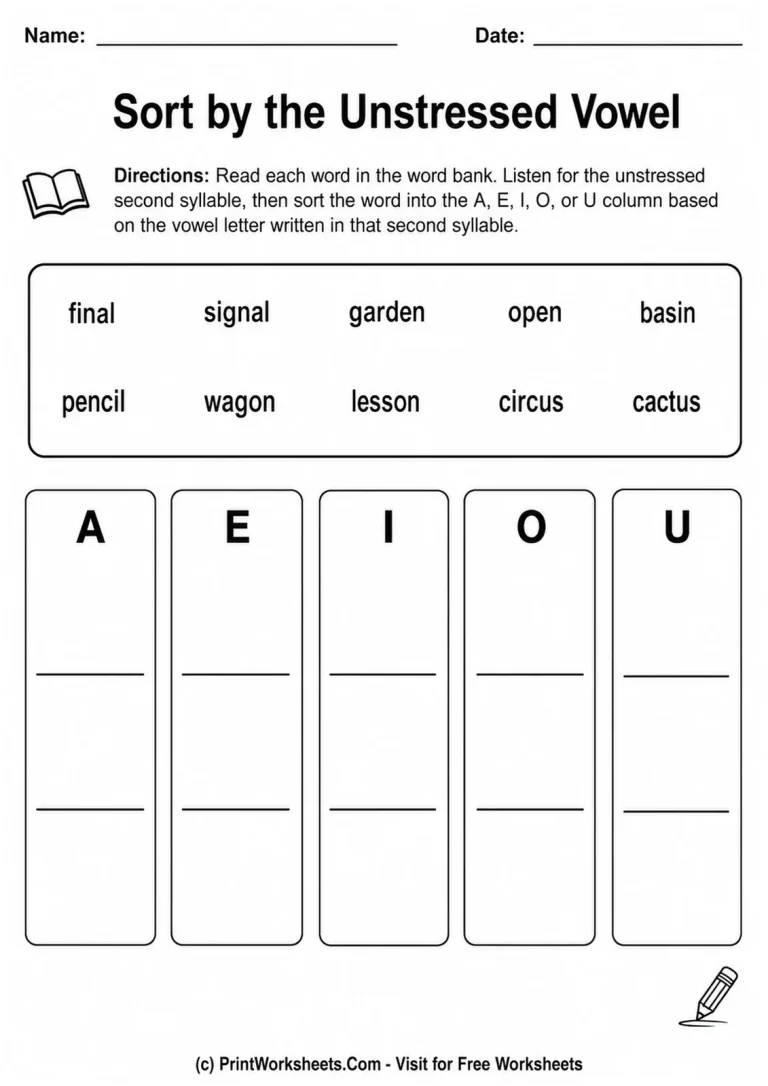 Sort by the Unstressed Vowel Sort by the Unstressed Vowel printable worksheet