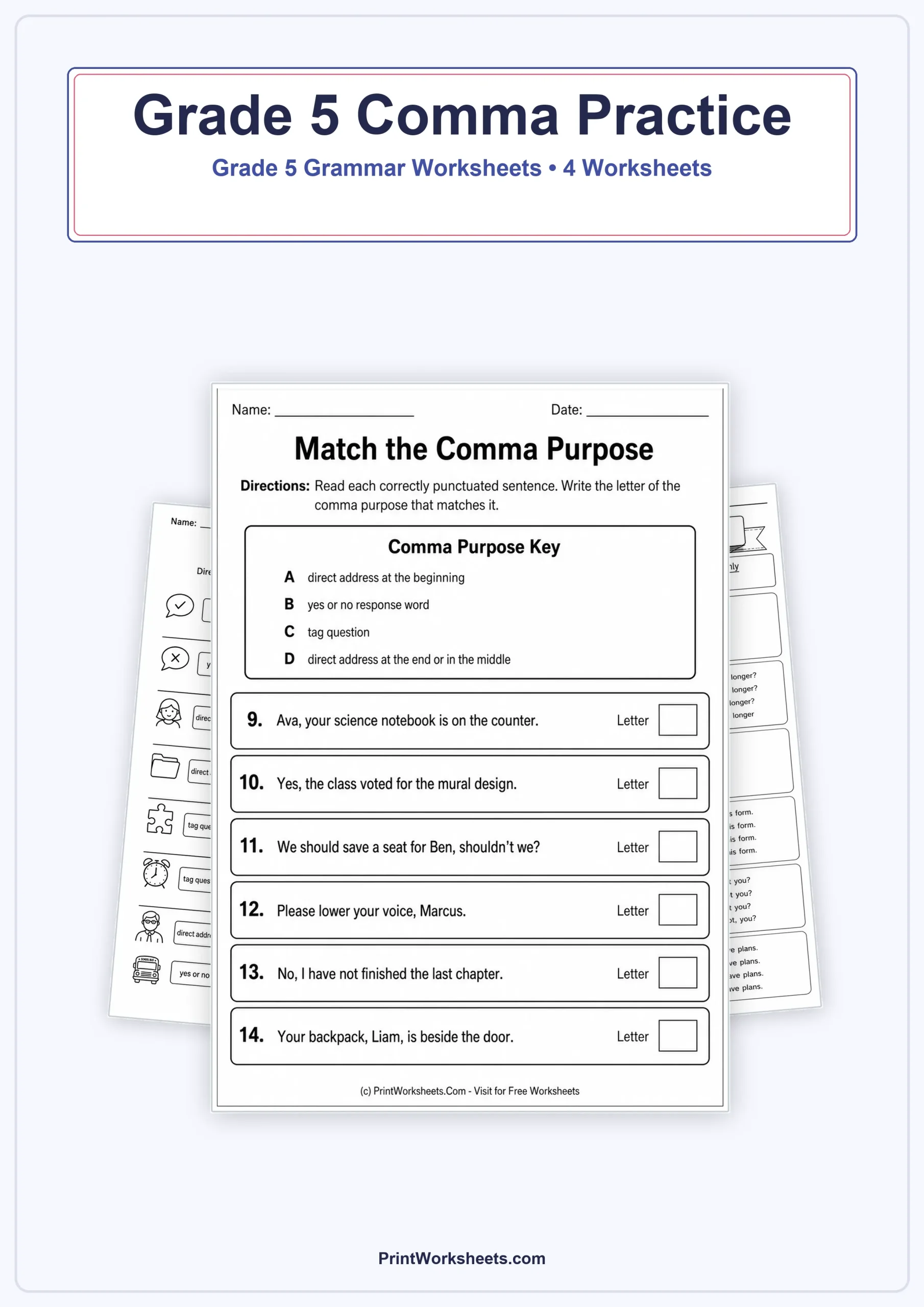 Use of Commas to Set Off Elements Worksheets for Grade 5 – Free Printable PDF - Free Printable Worksheet